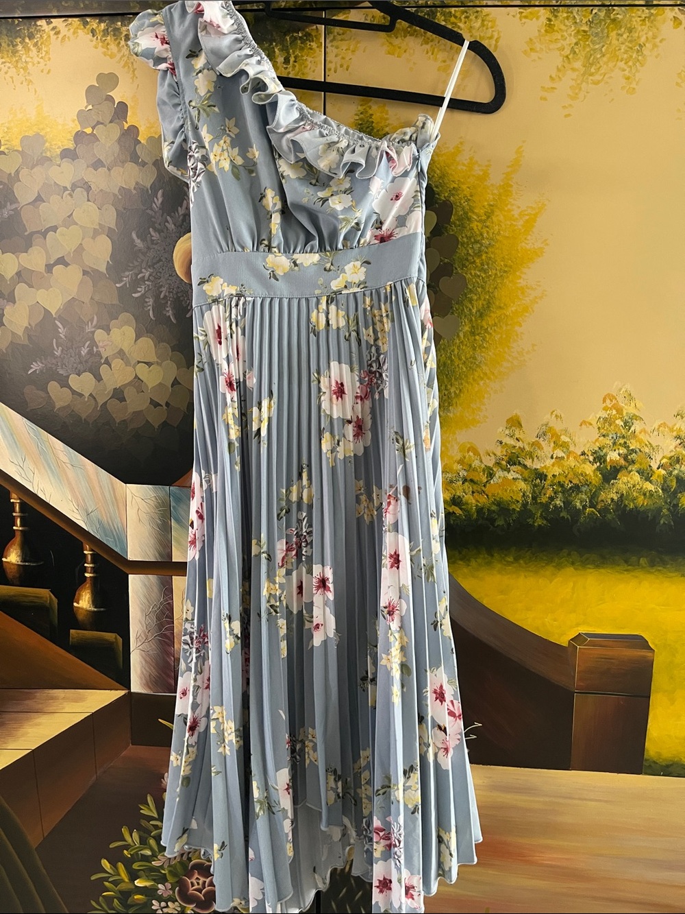 SHEIN One-Shoulder Pleated Floral Midi Dress in Light Blue
